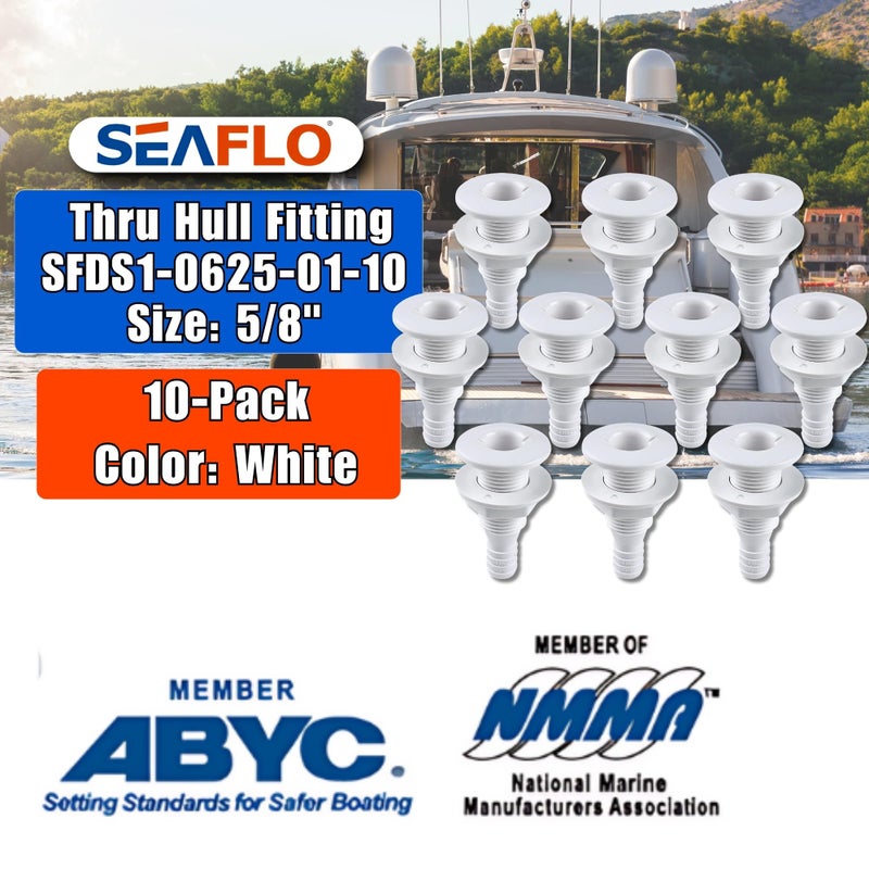 SEAFLO â…â€ Thru Hull Fitting Marine Boat, Polypropylene, Plastic Drain Overflow Connector, Corrosion Resistant Saltwater Safe, Transom Mount, Bilge Port Deck Outlet, 4-Year Warranty (White, 1-Pack) - Image 2